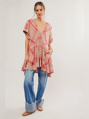 Free People Agnes Plaid Mini Dress Ballet Combo Pink Red Tan Boho Tunic V Neck